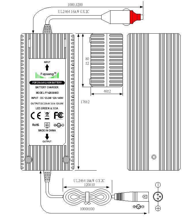 Fuyuang 12V-24V charger (42V) for Li-Ion batteries 36V 3A XLR-3 