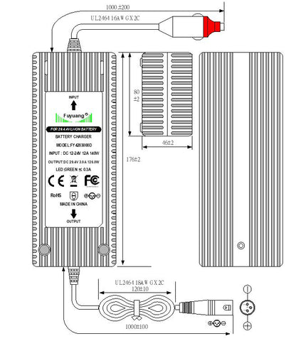 Fuyuang 12V-24V charger (42V) for Li-Ion batteries 36V 3A XLR-3 