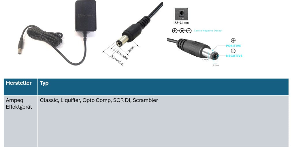 Ampeq Effektgerät Ersatznetzteil 9V 2A Ausgang (18W) 5.5 x 2,1 mm EU (GS) - Center Negativ (Minus)