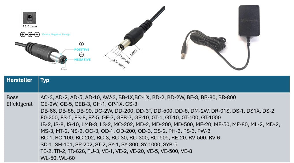 Boss efektgerät Ersatznetzteil 9V 2A Ausgang (18W) 5.5 x 2,1 mm EU (GS) - Center Negativ (Minus)