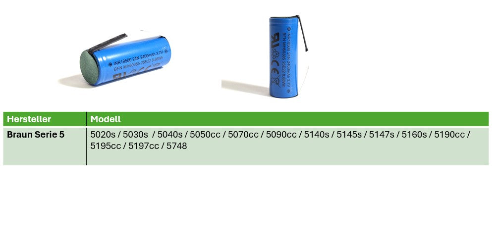 Replacement battery 18500 Li-Ion for Braun shaver Series 5 2400 mAh U soldering tag