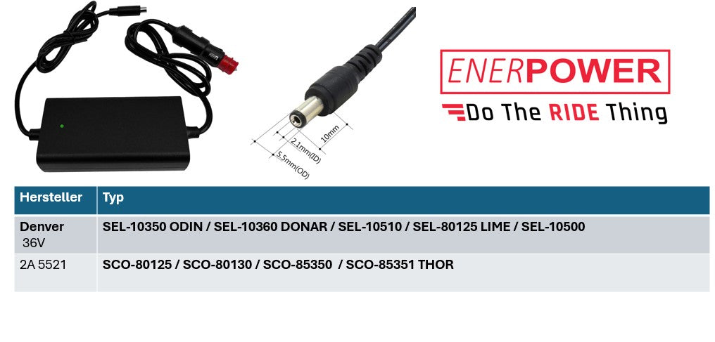 Denver SEL-10510 / SEL-80125 LIME / SEL-10500 Enerpower DC-DC 12V-24V replacement charger (42V) for Li-Ion batteries 36V 2A DC