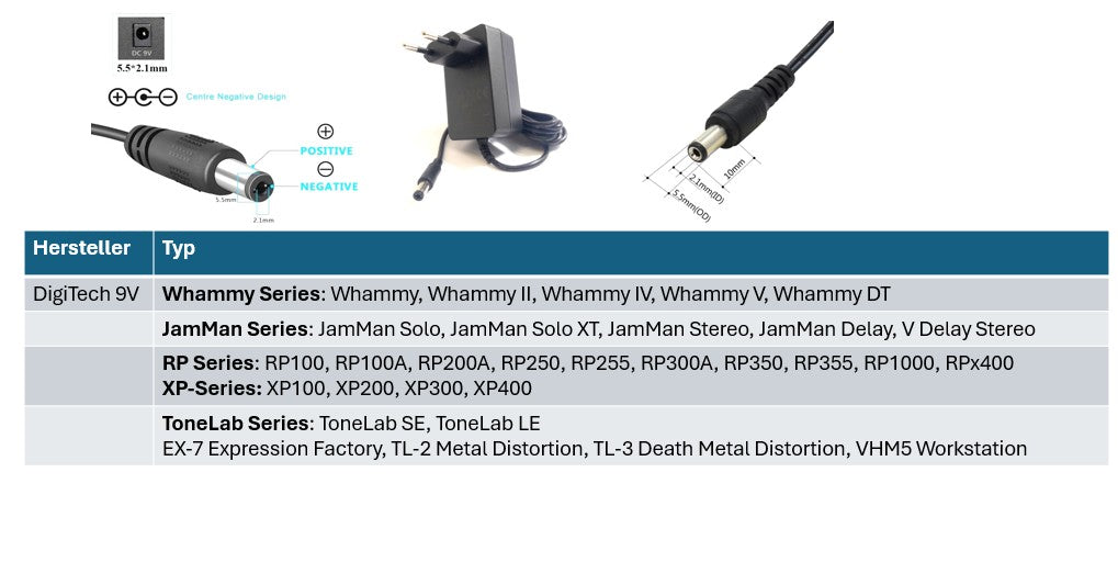 DigiTech effects unit replacement power supply 9V 2A output (18W) 5.5 x 2.1 mm EU (GS) - Center Negative (Minus)