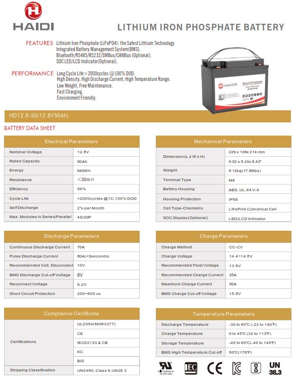 ENERpower LiFePO4 12V (12,8V) 50Ah 640Wh (UL, IEC, CB) - Enerprof