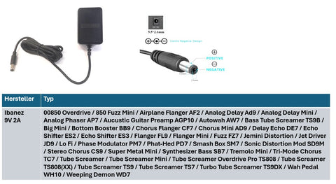 Ibanez efektgerät Ersatznetzteil 9V 2A Ausgang (18W) 5.5 x 2,1 mm EU (GS) - Center Negativ (Minus)