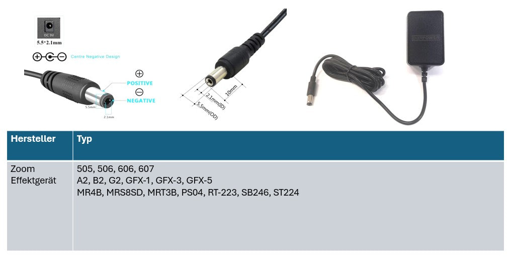 Zoom efektgerät Ersatznetzteil 9V 2A Ausgang (18W) 5.5 x 2,1 mm EU (GS) - Center Negativ (Minus)