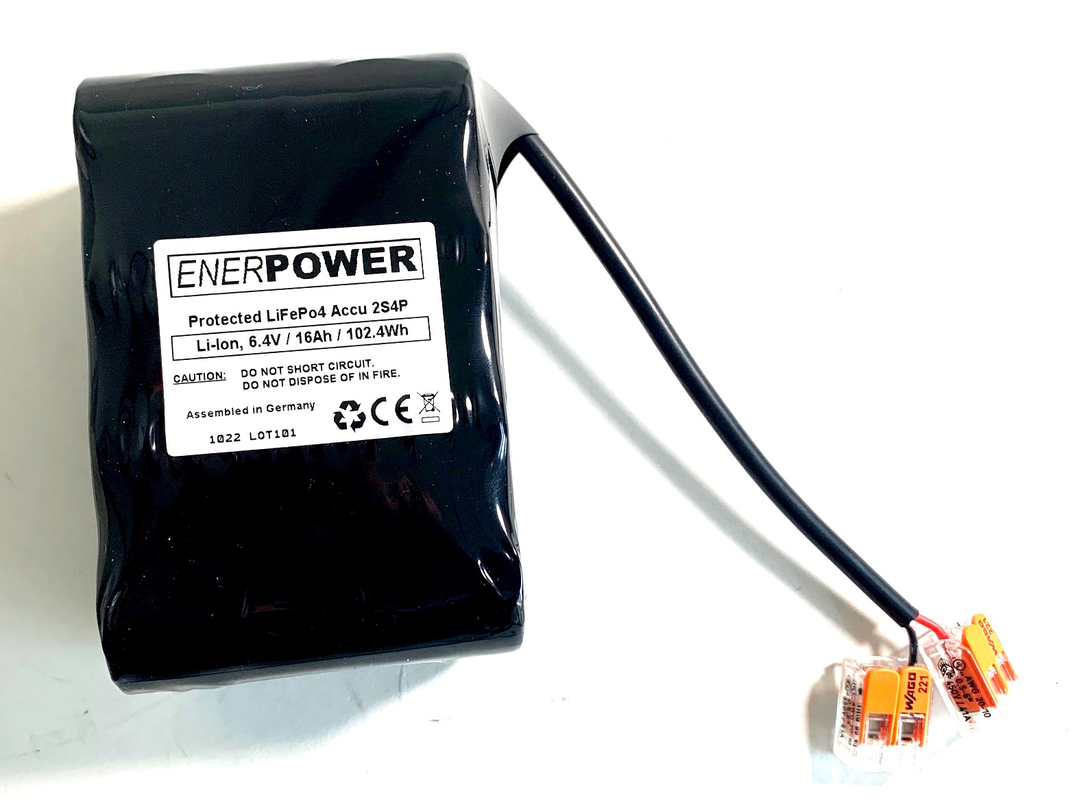 ENERpower LiFePO4 6V (6,4V) 16Ah 2S4P - Kabel offenen Enden