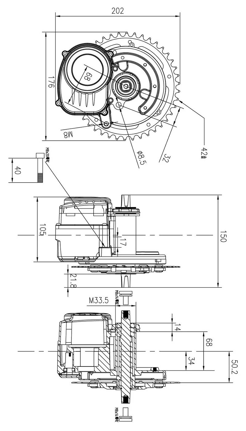 540Wh Kit: 36V Tongsheng Motor 250 Watt + Akku Masada 36V 15Ah (seitliche Entnahme)