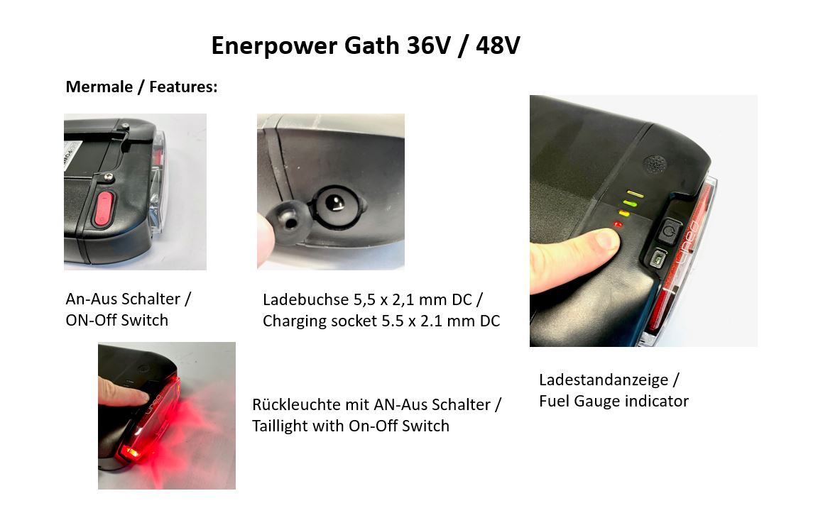 Enerpower 48V 13.80Ah Gath luggage rack battery 35E (660Wh) w. back light XT-90