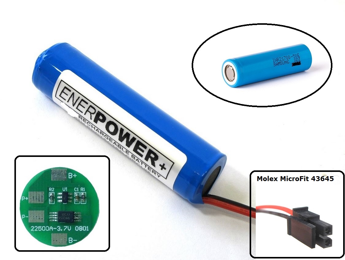 ENERpower 21700 Battery 3.7V 5000 mAh with Molex 4345 MicroFit
